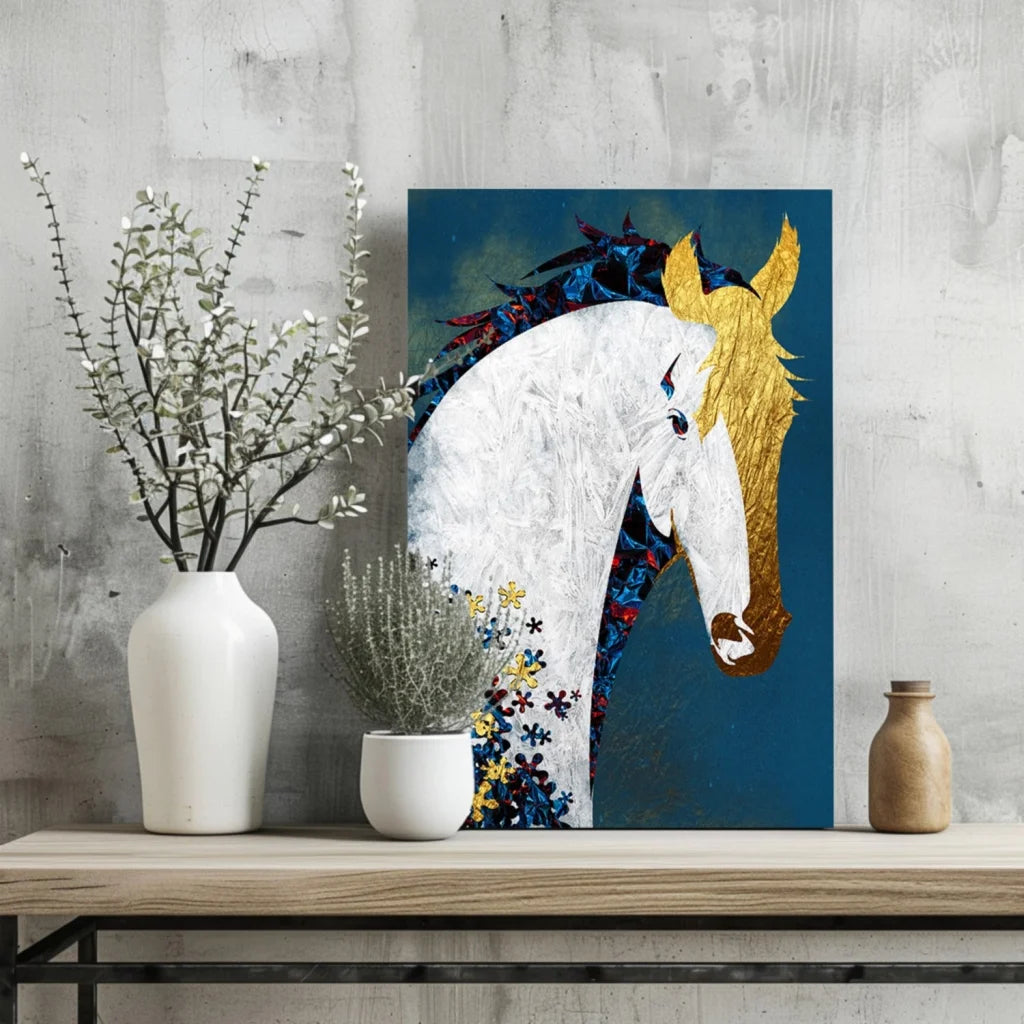 Majestic white horse insigne aluminum print with gold florals