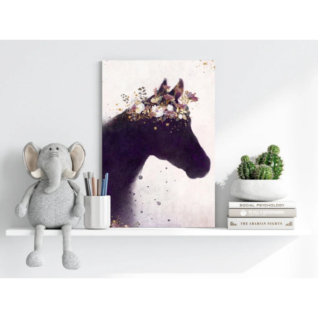 Majestic purple horse silhouette on insigne aluminum prints with gold accents