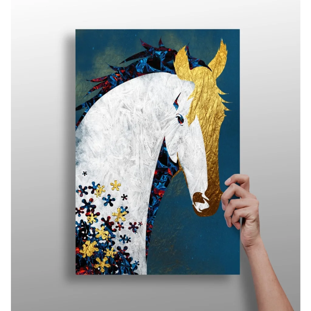 Majestic white horse insigne aluminum print with gold florals