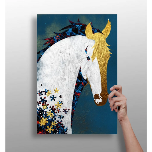 Majestic white horse insigne aluminum print with gold florals