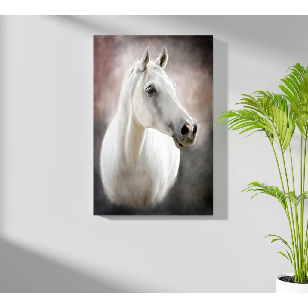 Stunning white horse on insigne aluminum print, serene portrait canvas