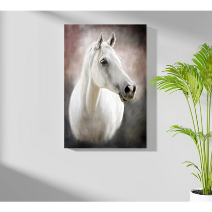 Stunning white horse on insigne aluminum print, serene portrait canvas