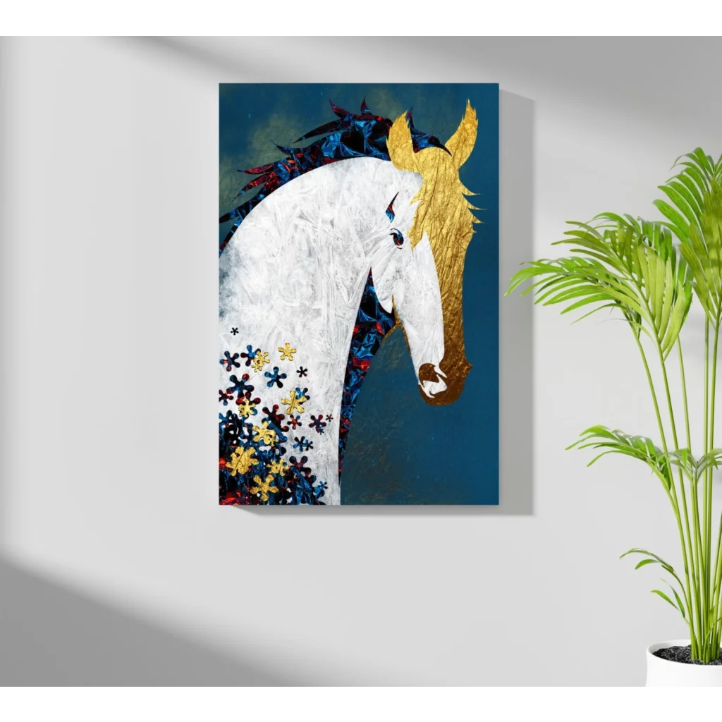 Majestic white horse insigne aluminum print with gold florals