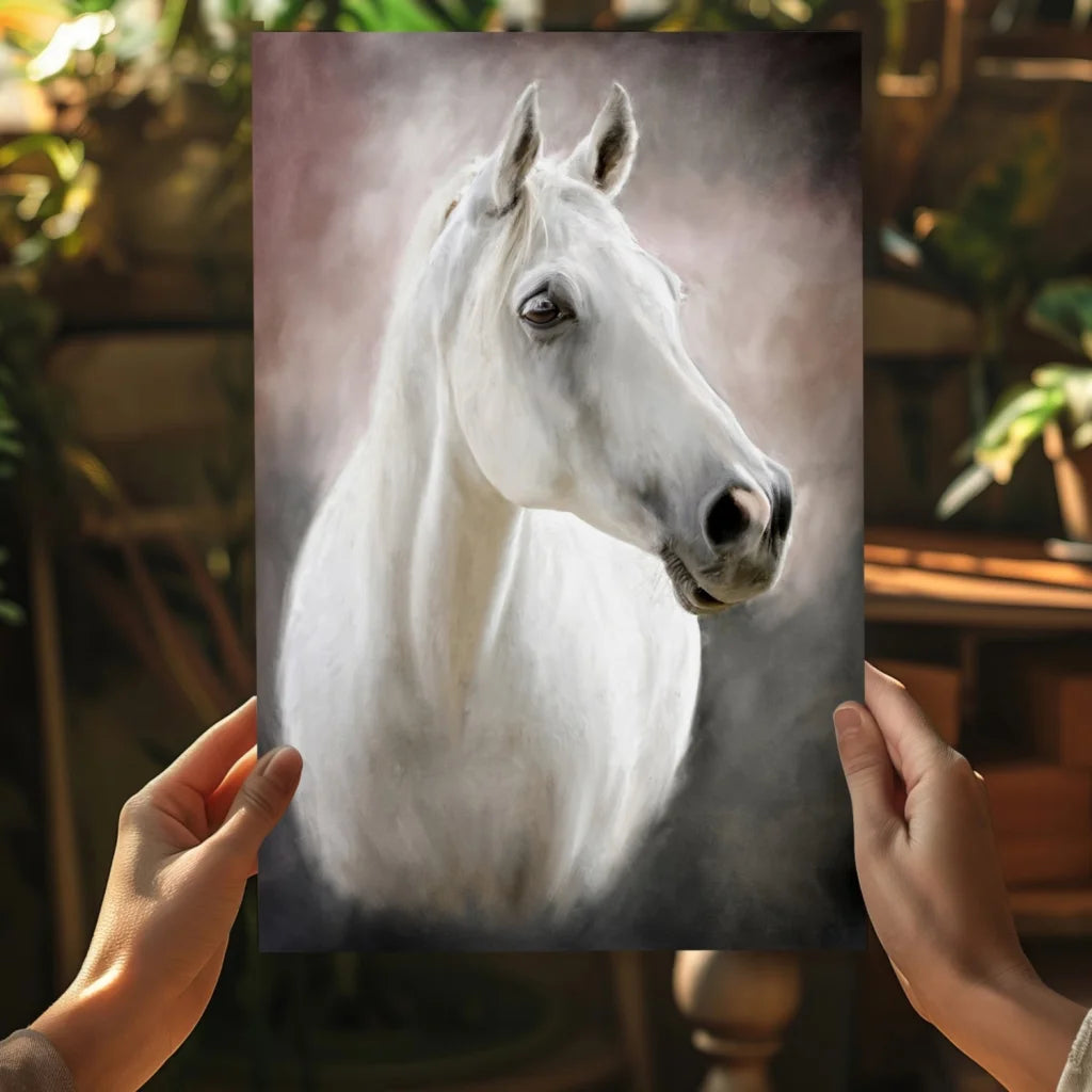 Detailed white horse head painting on insigne aluminum prints