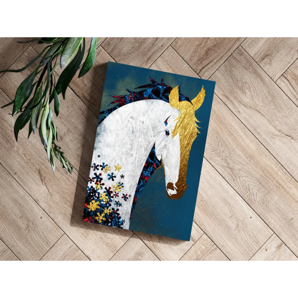 Majestic white horse with golden mane on insigne aluminum prints