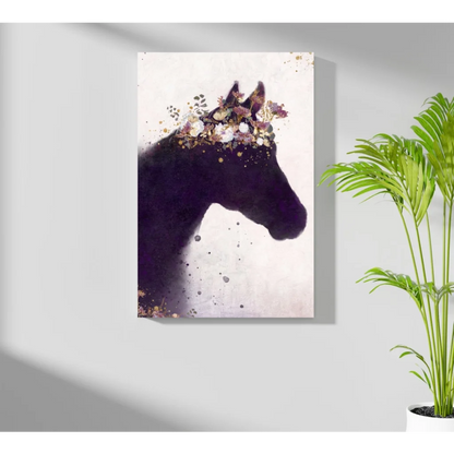 Majestic purple horse silhouette on insigne aluminum prints with gold floral accents