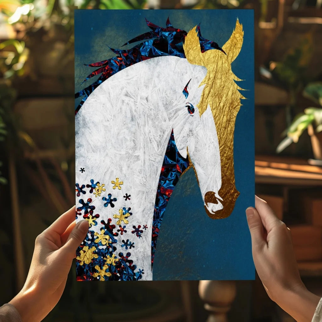 Majestic white horse insigne aluminum print with gold florals