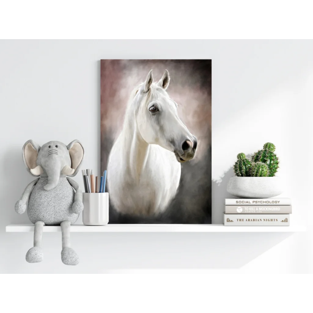 Serene white horse portrait on insigne aluminum print