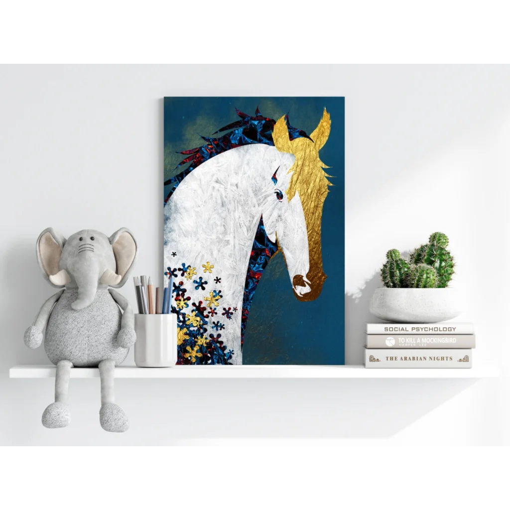 Majestic white horse insigne aluminum print with gold florals