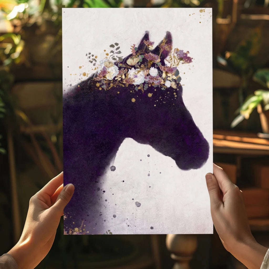 Purple watercolor horse with floral crown on insigne aluminum prints