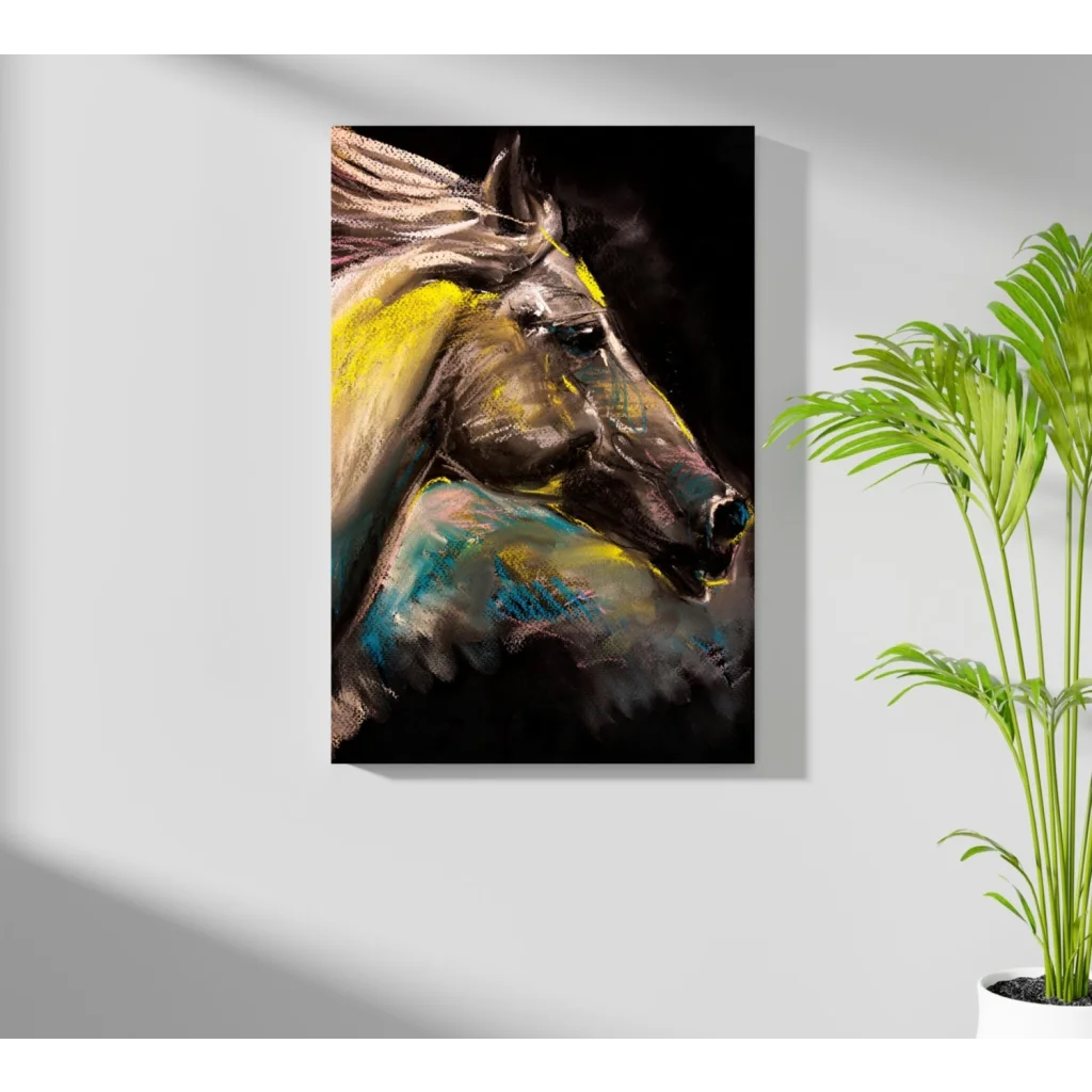 Vibrant abstract horse head in yellow teal on Insigne aluminum print