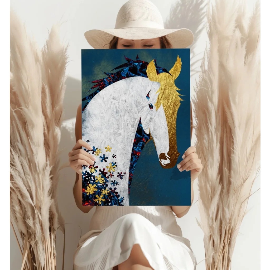 Majestic white horse insigne aluminum prints with gold florals