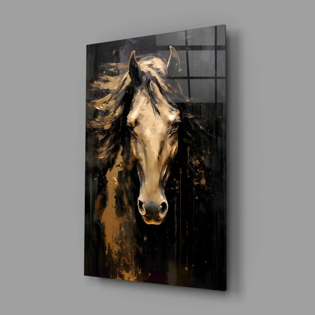 Stunning Gold Horse Glass Wall Art Abstract Masterpiece | Glass Wall Art Print | vintageantiquesgifts.com