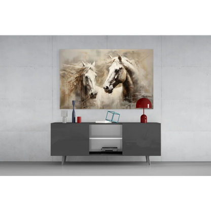 Stunning beige and white abstract horse duo wall art canvas