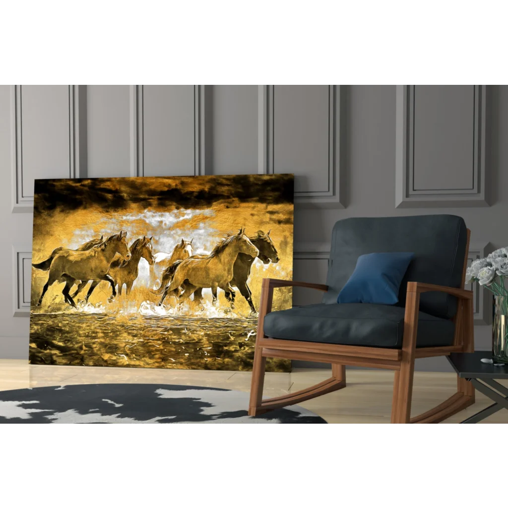 Galloping golden horses canvas wall art in fiery landscape
