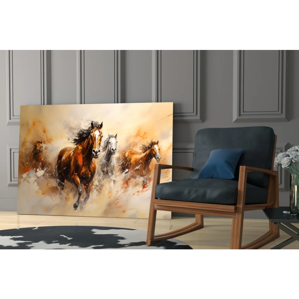 Vibrant abstract galloping horses wall art in warm earth tones