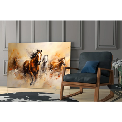 Vibrant abstract galloping horses wall art in warm earth tones