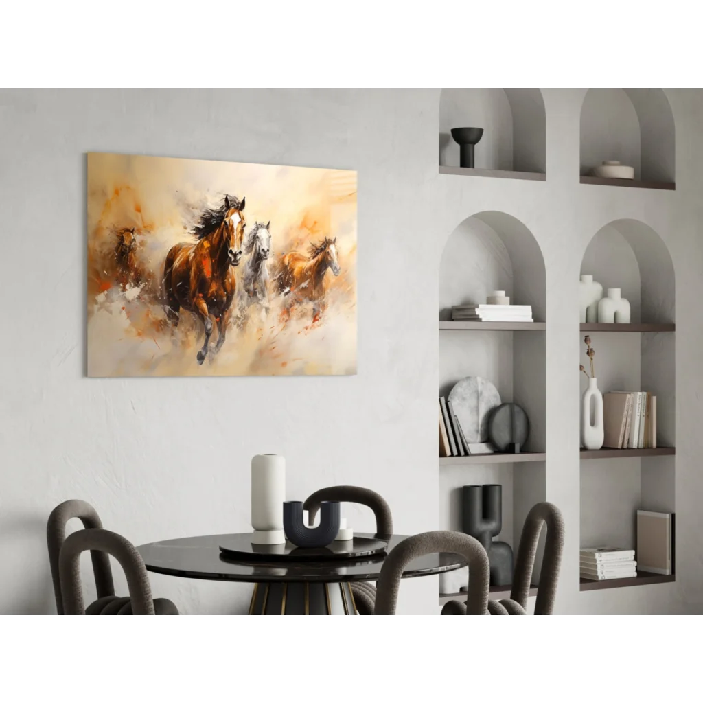 Vibrant galloping horses abstract wall art canvas in warm earthy tones