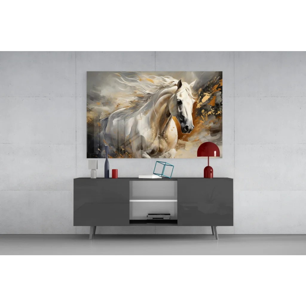 Majestic white horse abstract wall art canvas with gold accents