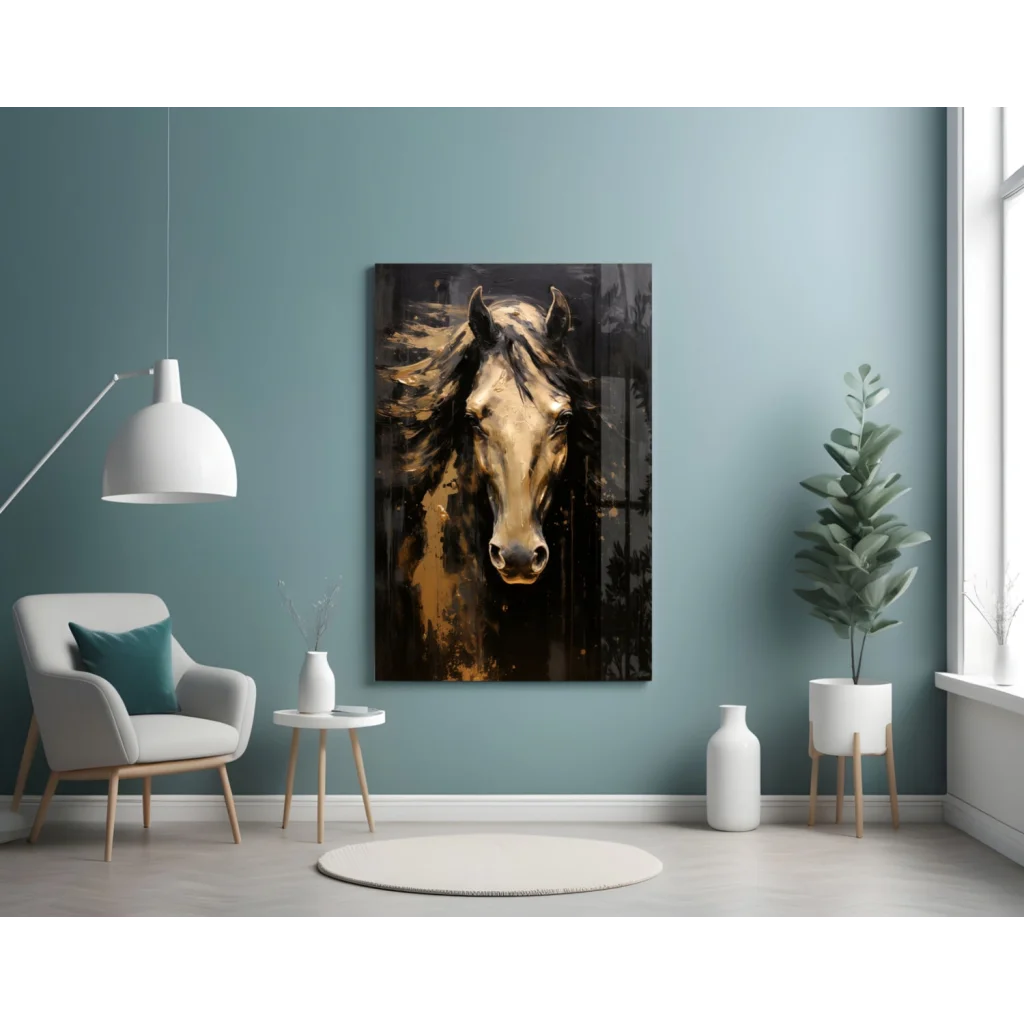 Stunning Gold Horse Glass Wall Art Abstract Masterpiece | Contemporary Home Wall Art | vintageantiquesgifts.com