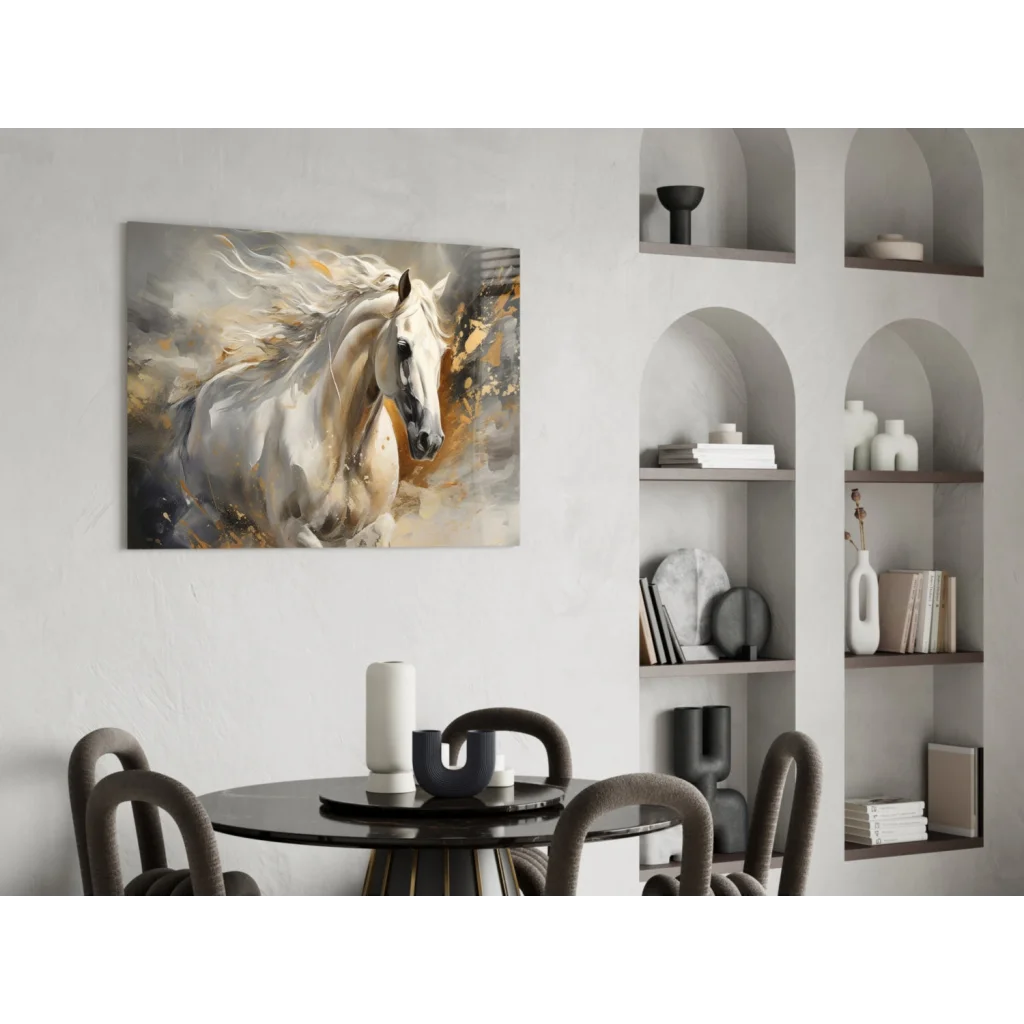 Majestic white horse abstract canvas wall art in motion with gold accents