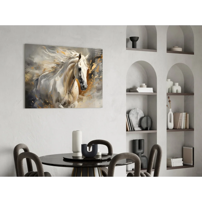 Majestic white horse abstract canvas wall art in motion with gold accents