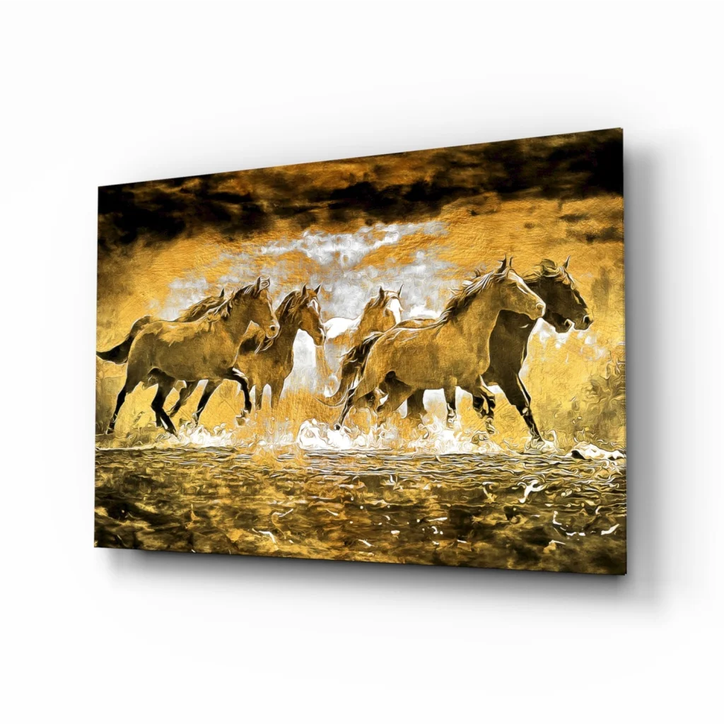 Galloping horses canvas wall art in golden earth tones