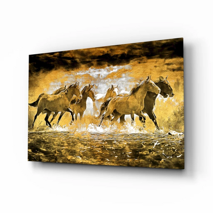 Galloping horses canvas wall art in golden earth tones
