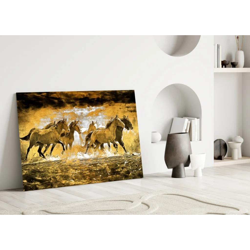 Galloping horses canvas wall art in golden earth tones on white wall