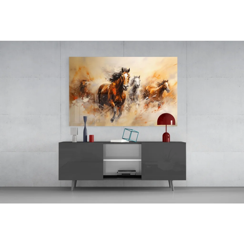 Dynamic horses in motion canvas wall art with warm earthy tones