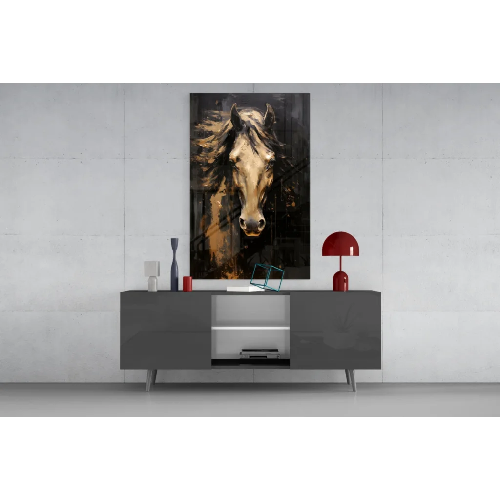 Stunning black and gold glass wall art of abstract horse head