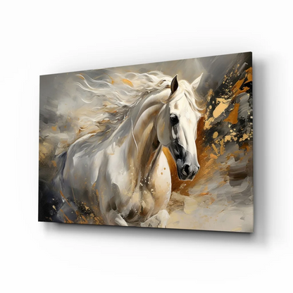 Abstract white horse canvas wall art with gold accents and flowing mane