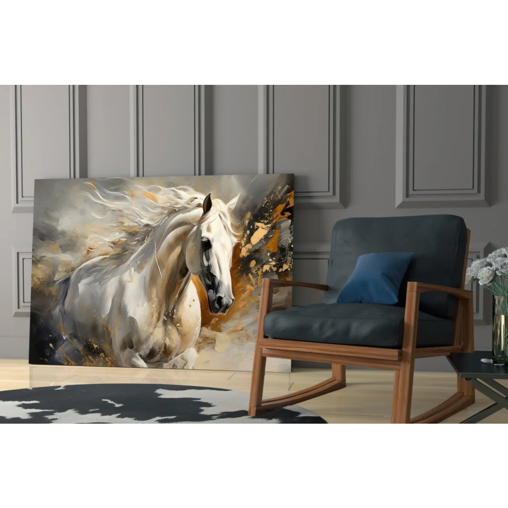 Majestic white horse abstract wall art with gold accents