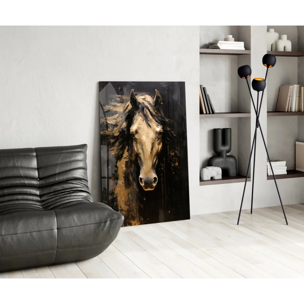 Stunning gold horse glass wall art portrait on white wall
