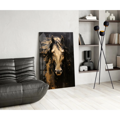 Stunning gold horse glass wall art portrait on white wall