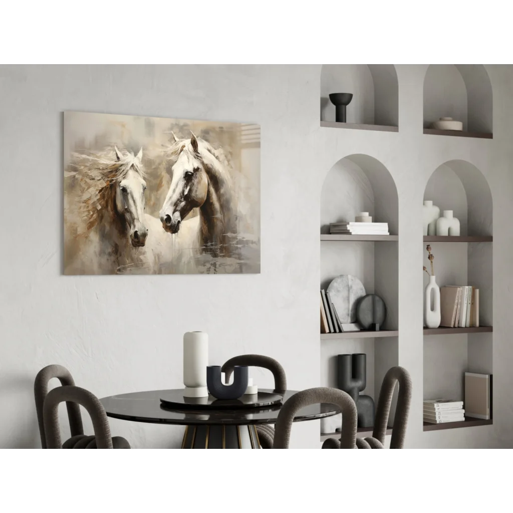 Stunning beige and white abstract horse duo wall art canvas