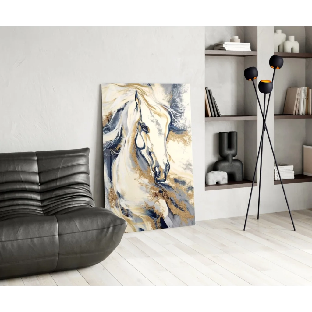 Modern abstract glass wall art of white horse with flowing mane in cream, blue, gold