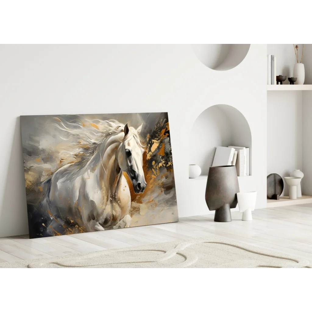 Abstract white horse canvas wall art with gold accents and flowing mane