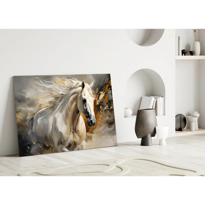 Abstract white horse canvas wall art with gold accents and flowing mane