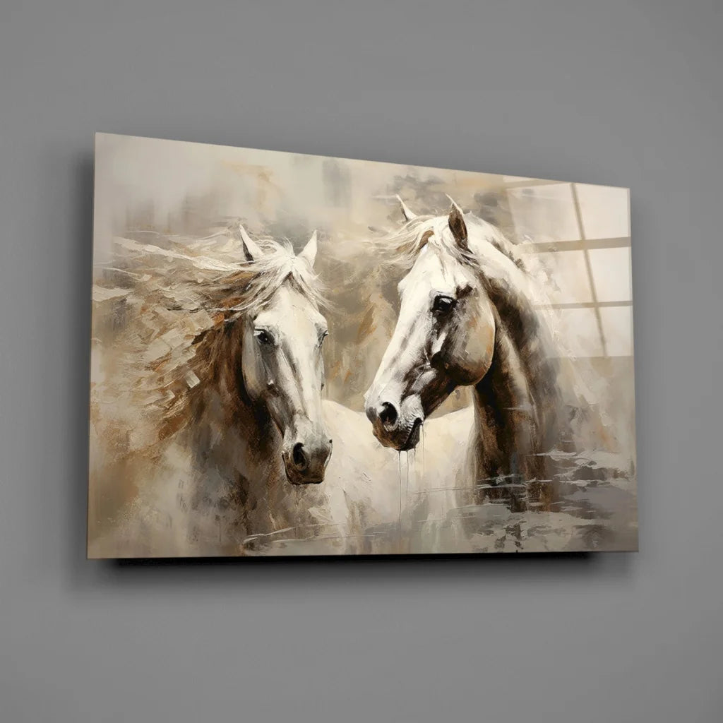Stunning Beige Horse Duo Wall Art Canvas | Glass Wall Art Print | vintageantiquesgifts.com