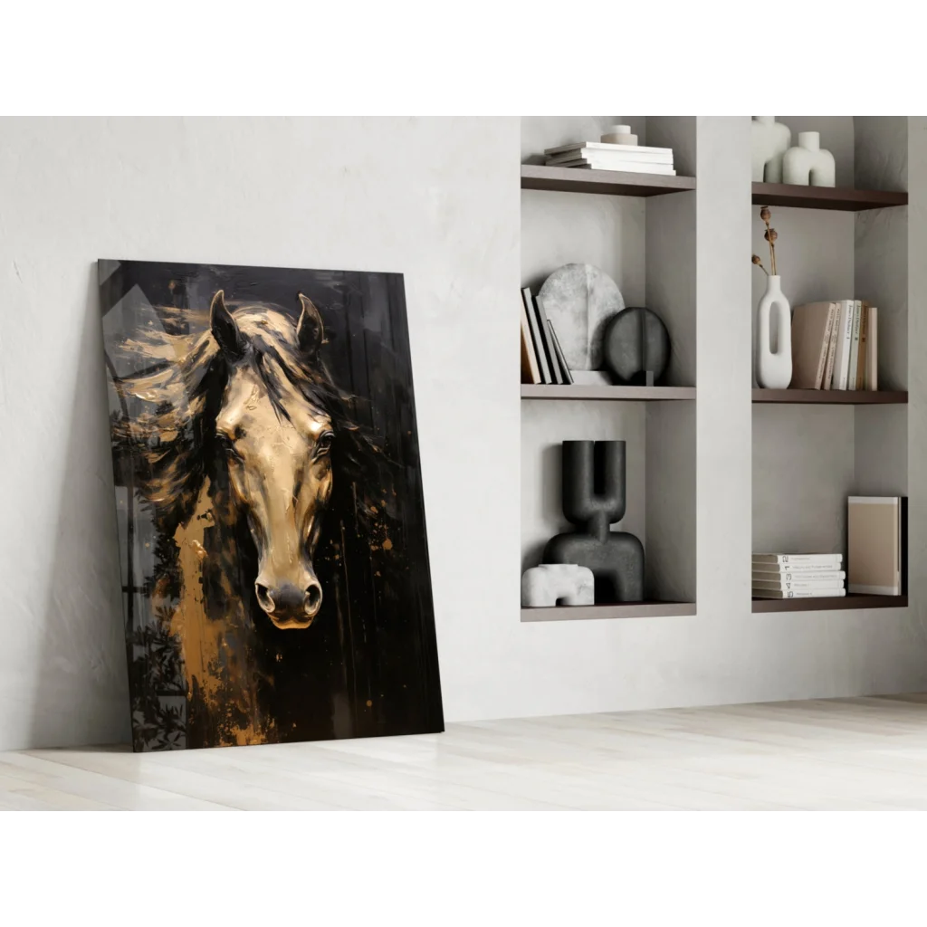 Dynamic golden-brown horse glass wall art on dark background