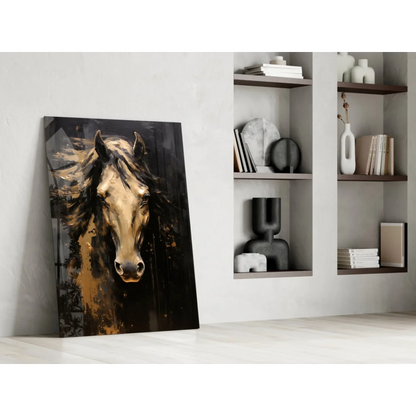Dynamic golden-brown horse glass wall art on dark background