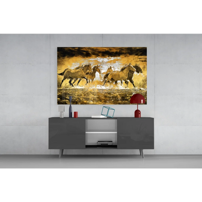 Dynamic golden-brown horses galloping in water, fiery sky wall art canvas print