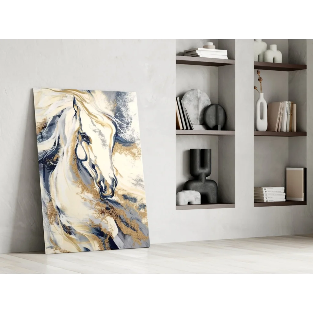 Modern abstract glass wall art of white horse with flowing mane in whites, blues, golds
