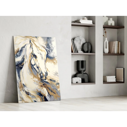 Modern abstract glass wall art of white horse with flowing mane in whites, blues, golds