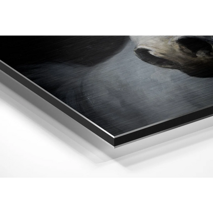 Monochrome dog muzzle close-up on black-framed brushed aluminium dibond