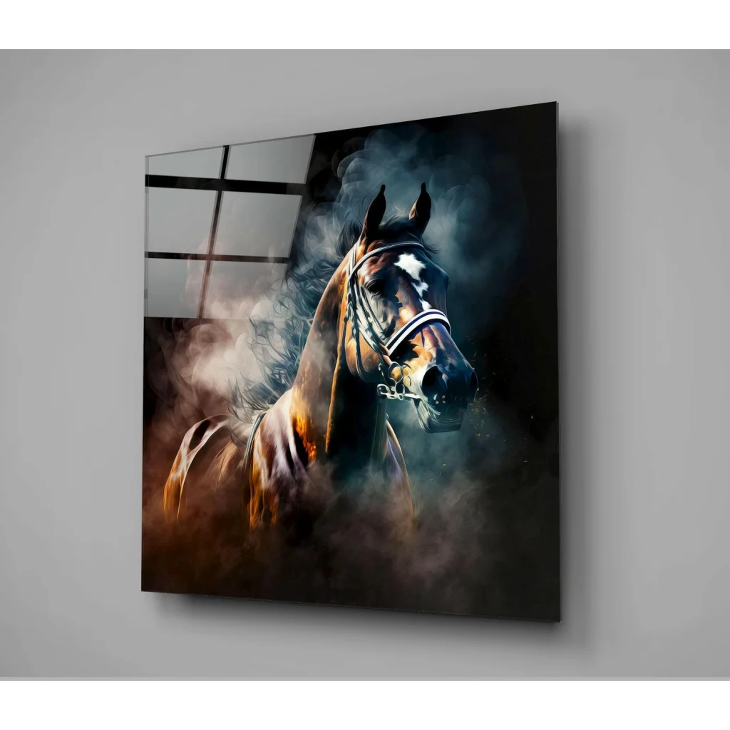 Striking black and gold horse portrait on modern glass wall art