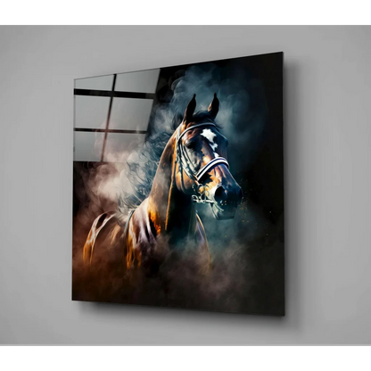 Striking black and gold horse portrait on modern glass wall art