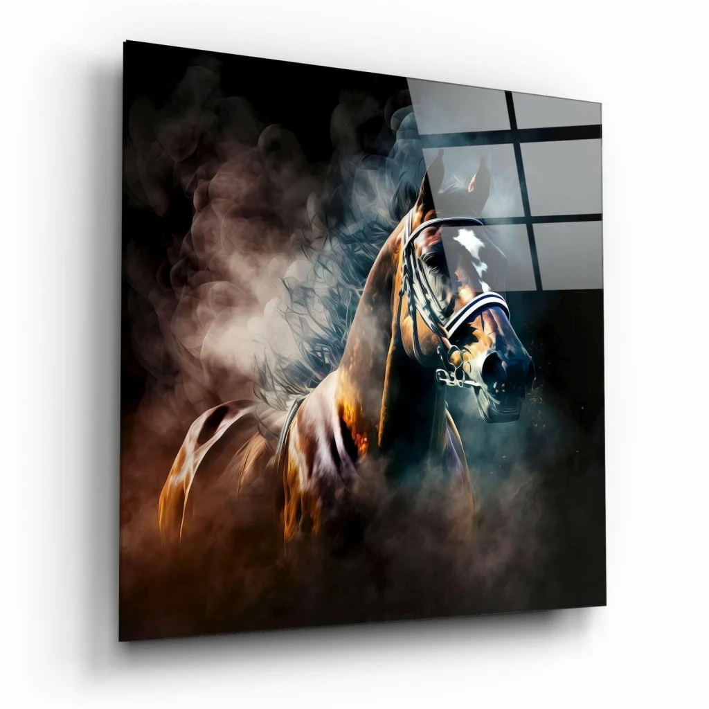 Majestic brown horse glass wall art with smoke, shadow, gold accents