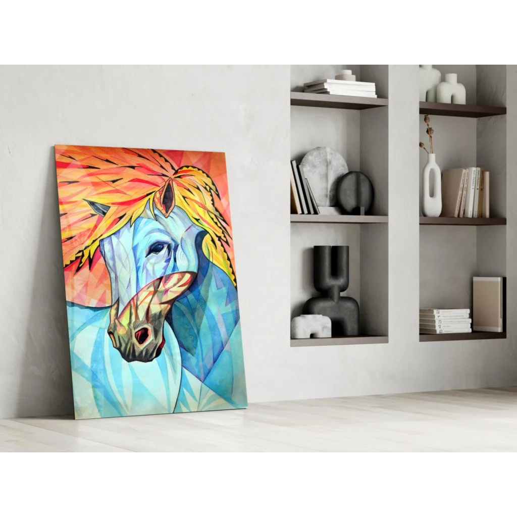 Vibrant blue horse glass wall art with fiery orange mane